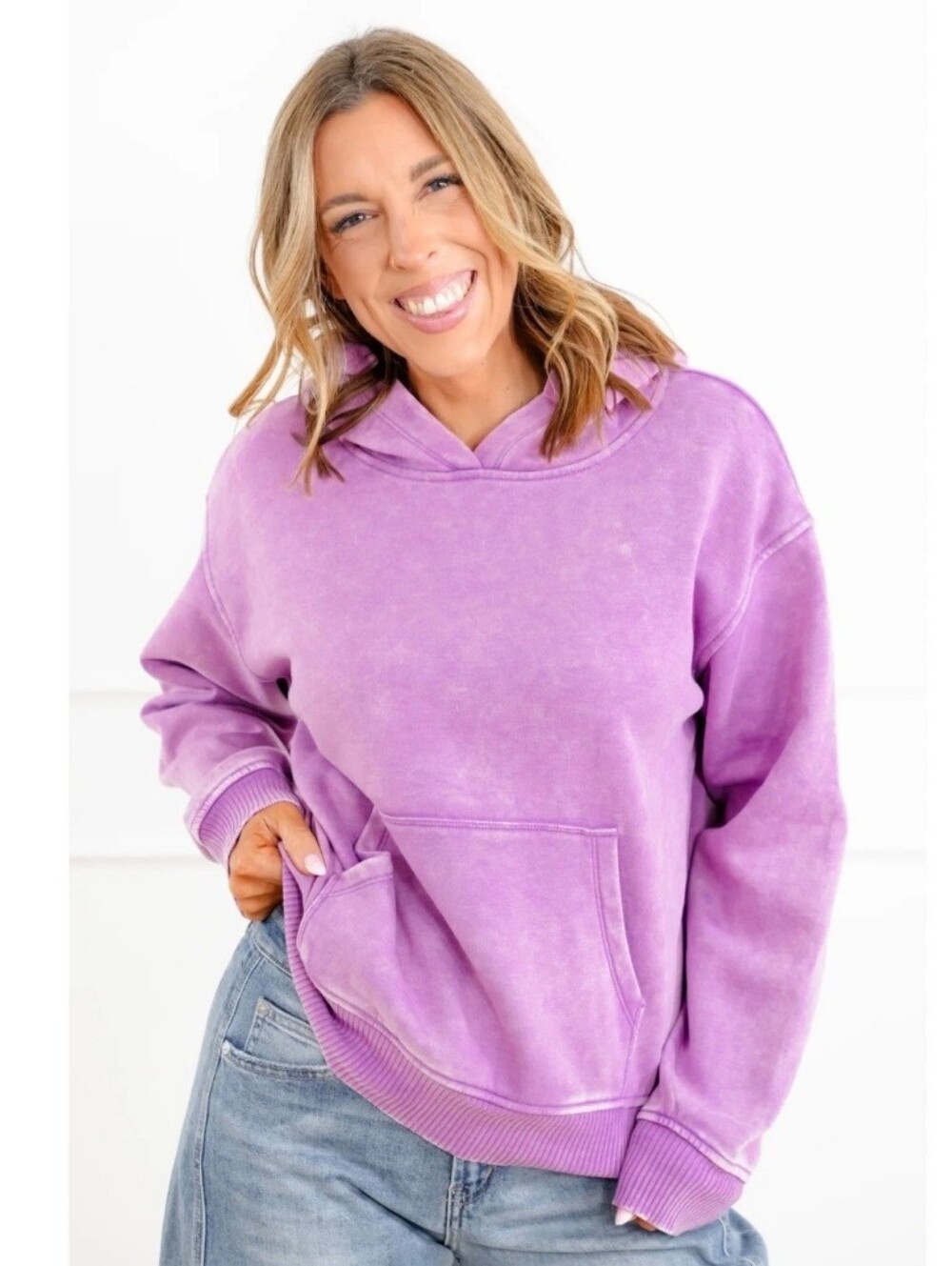 NWOT Women's Zenana Size L Lilac Purple Hooded Kangaroo Pouch Sweatshirt Hoodie